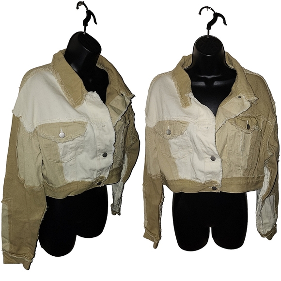 ☆Akira Cream & Tan Patch Distressed Jacket☆ - Picture 2 of 3